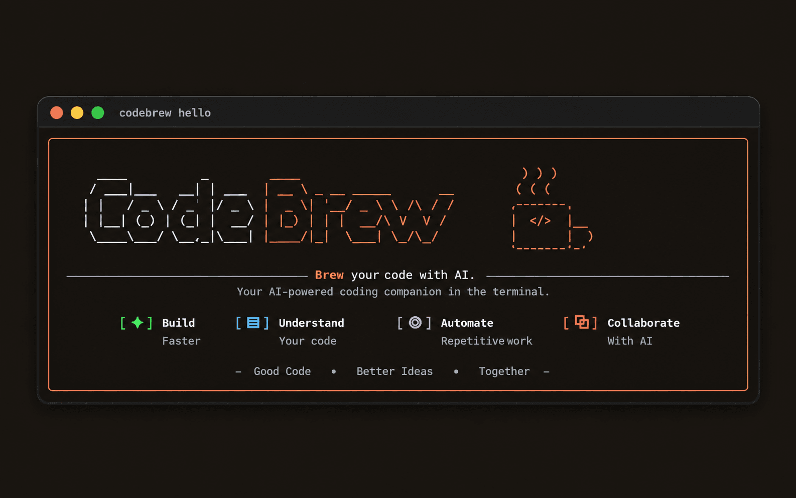 The codebrew hello welcome banner, rendered in the terminal with the CodeBrew ASCII wordmark and a row of feature highlights: Build faster, Understand your code, Automate repetitive work, and Collaborate with AI.